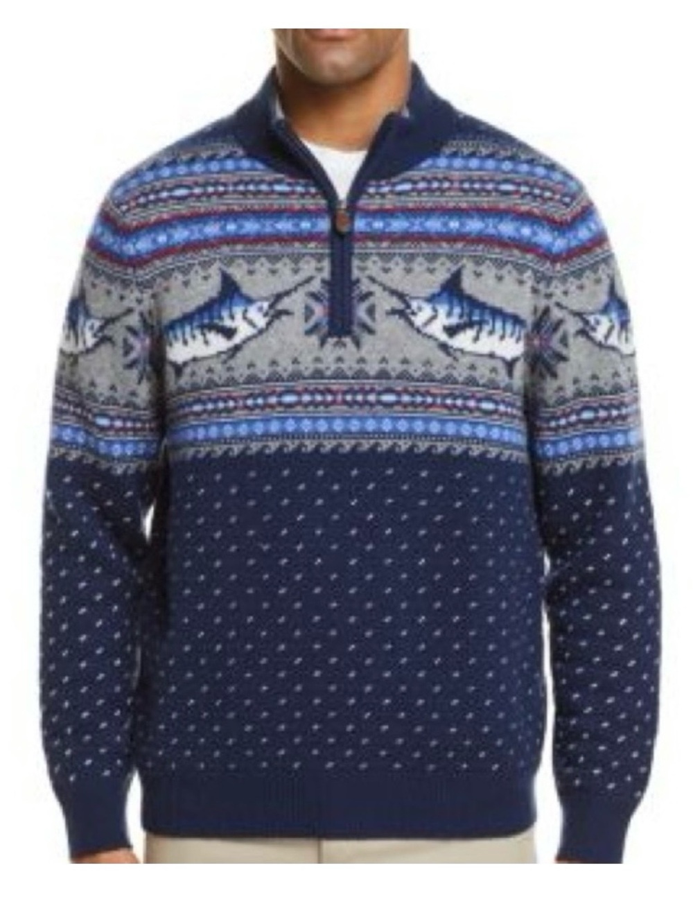 Vineyard Vines Navy and Gray Preppy  Fair Isle Half-Zip Sweater with Fish Motif
